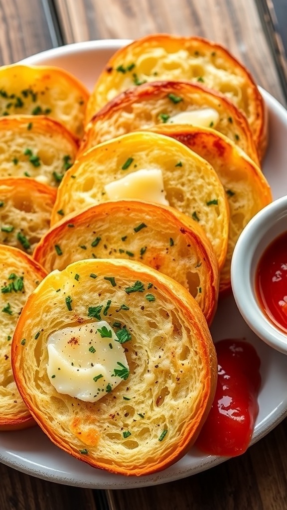 Quick Microwave Garlic Bread Recipe Warm garlic bread slices topped with melted butter and parsley on a plate, with marinara sauce.